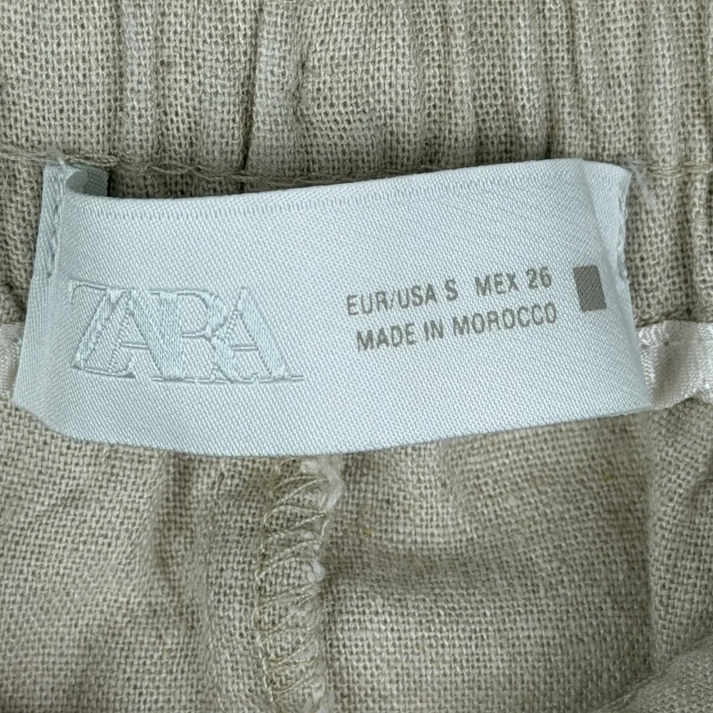 Zara Pants Women S Beige Linen Blend Wide Leg Drawstring Elastic Waist Casual